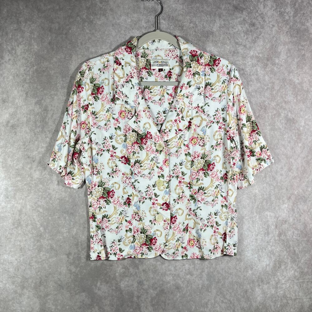 Vintage Susan Bristol Blouse Womens 8 White Pink Floral Cottagecore Grandmacore